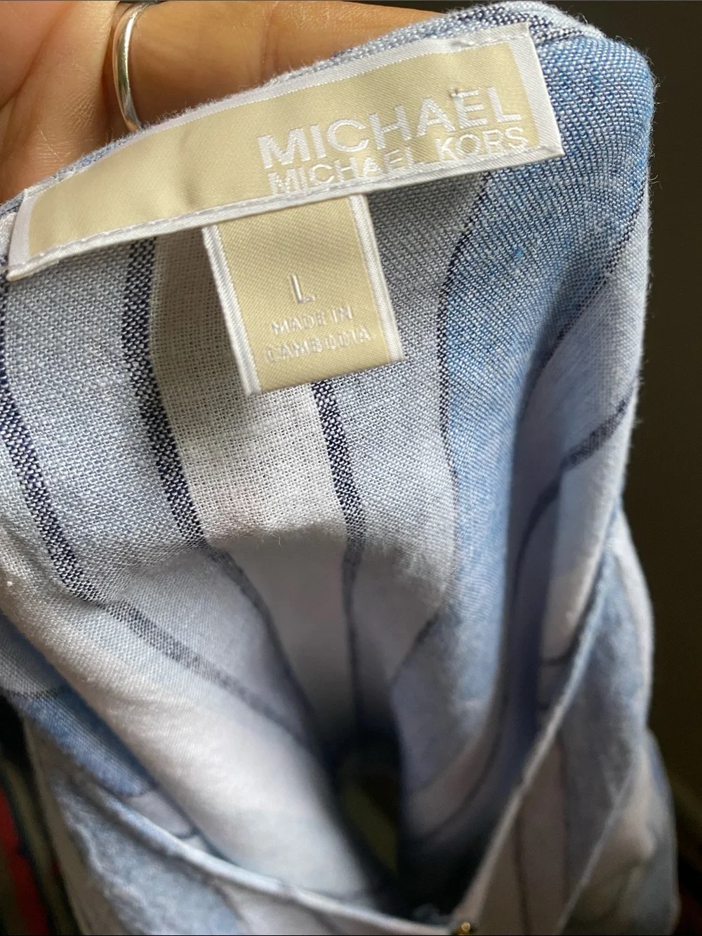 Michael Kors Blue and White Striped Tie-Front Button Linen Blend Blouse